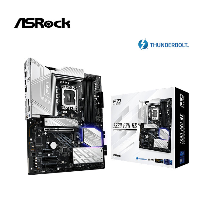 - Placa madre ASRock Z890 Pro RS con puertos USB 3.2 Gen2x2, HDMI, DisplayPort y soporte para Thunderbolt.