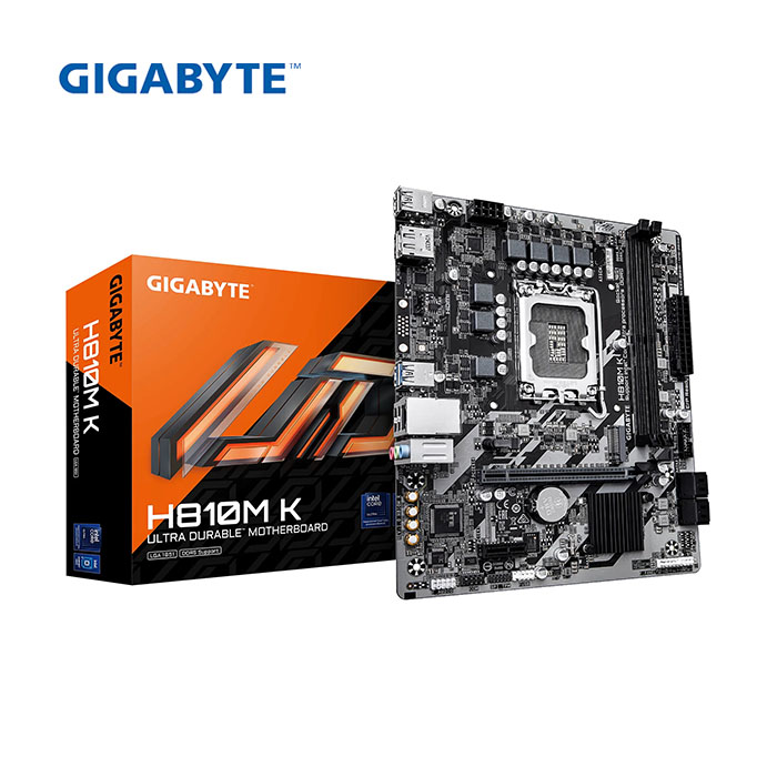 Placa madre Gigabyte H810M-K con socket LGA1851, compatible con procesadores Intel Core Ultra, memoria DDR5 hasta 6400 MHz, chipset Intel H810, diseño compacto micro ATX ideal para sistemas eficientes y actualizados.