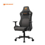 Silla gamer Cougar Defensor Gray F con soporte lumbar PushBack, reposabrazos 4D plegables y almohada cervical magnética, tapizado en tela gris elegante para máximo confort y estilo.